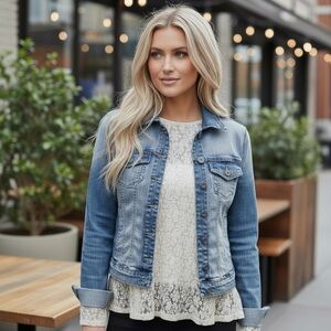Curated Cider Cream Lace High Neck Fitted Top & Paris Blues Denim Jacket